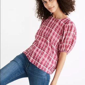 Madewell Pink Plaid puff sleeve top